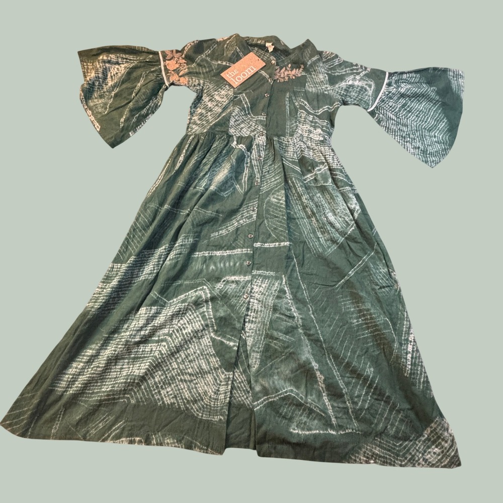 The Loom Green Tie Dye Embroidered Maxi Dress Womens S Bell Sleeve Boho Cottage